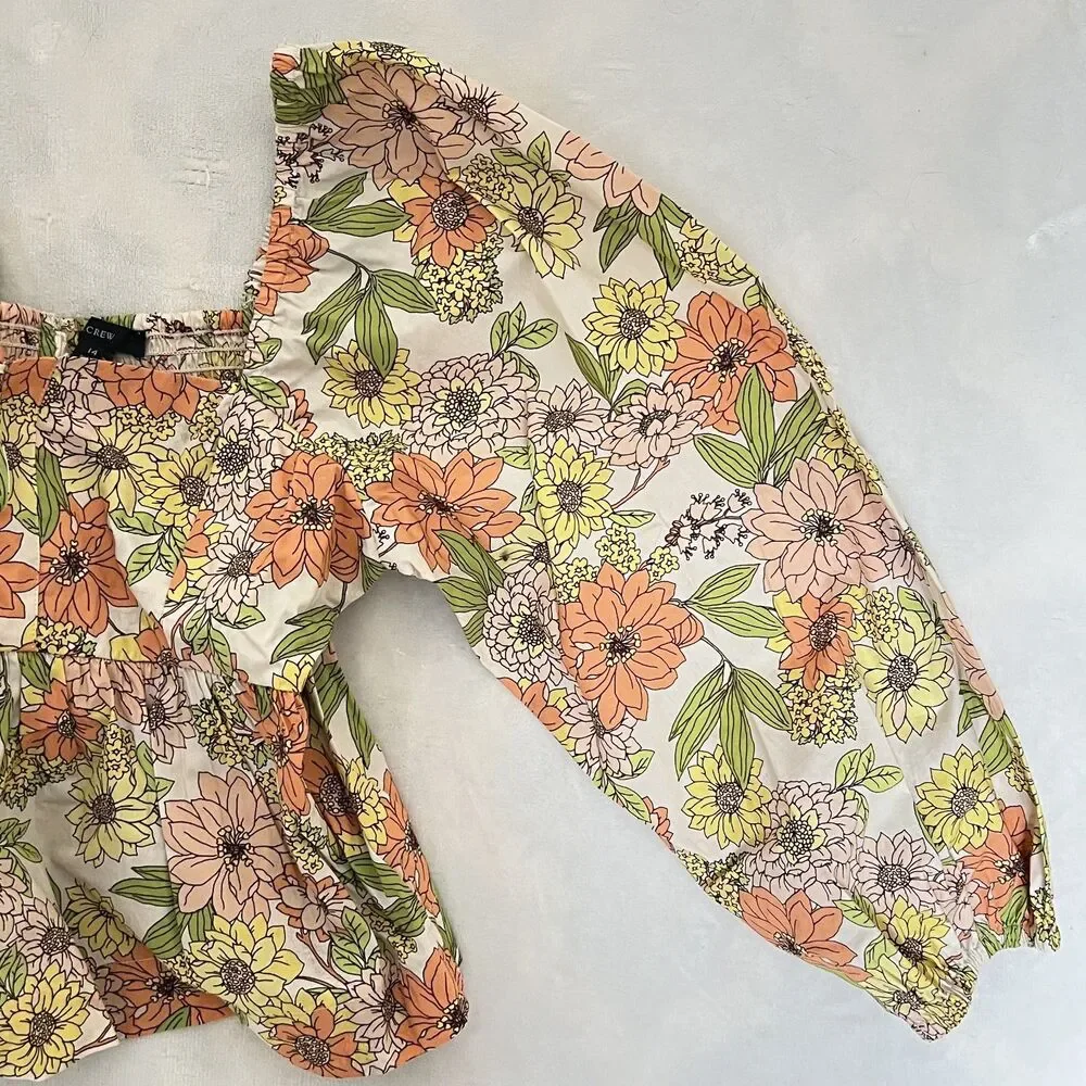 J Crew Smocked Top 14 Zinnia Floral Square Neck Peasant Cottagecore